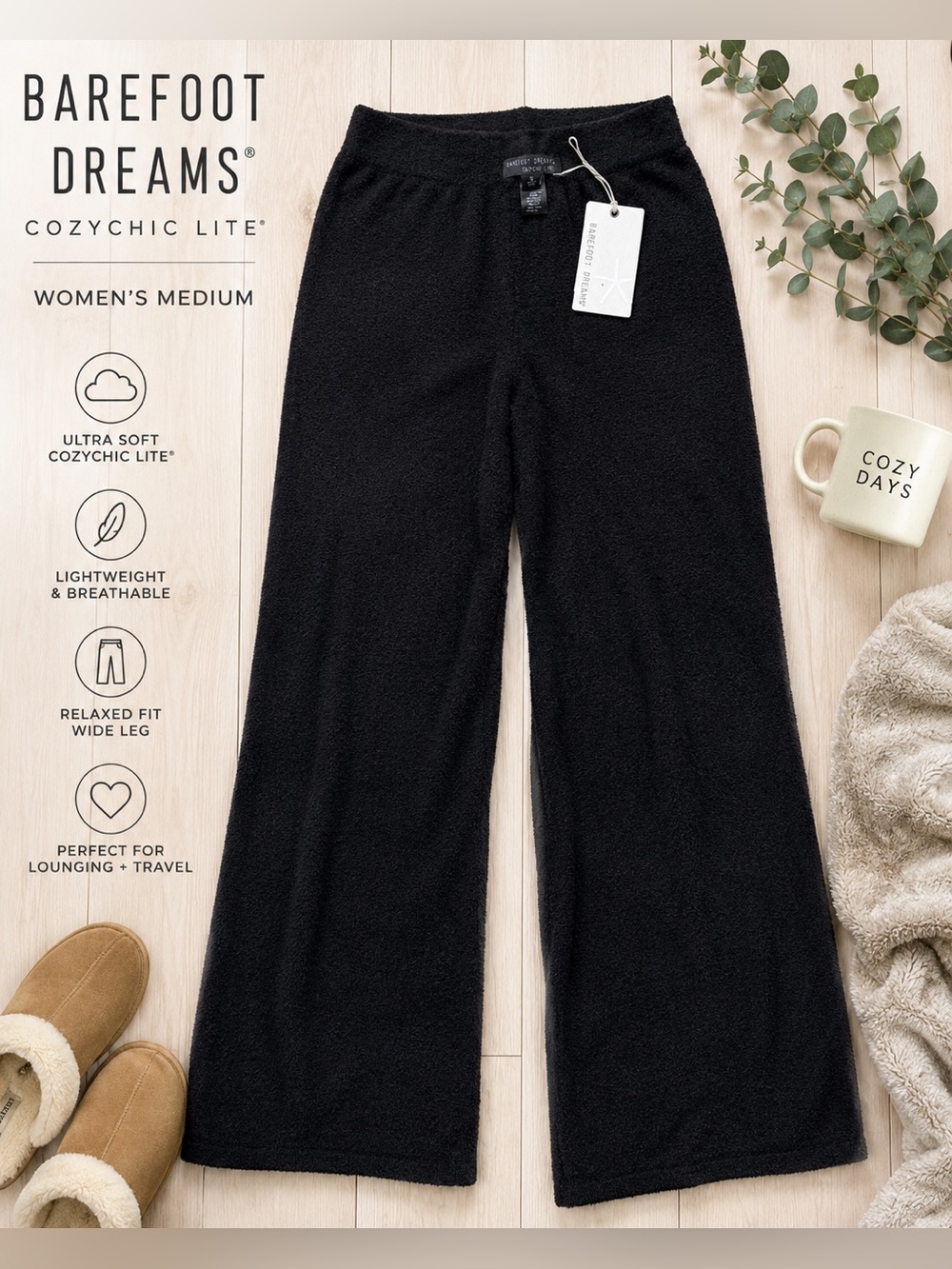 NWT Barefoot Dreams CozyChic Lite Lounge Pants Black Soft Knit Medium